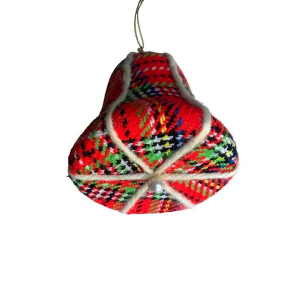 Vintage Red Plaid Fabric Christmas Ornaments Set Of 4 Bell Ball Large - Picture 4 of 8
